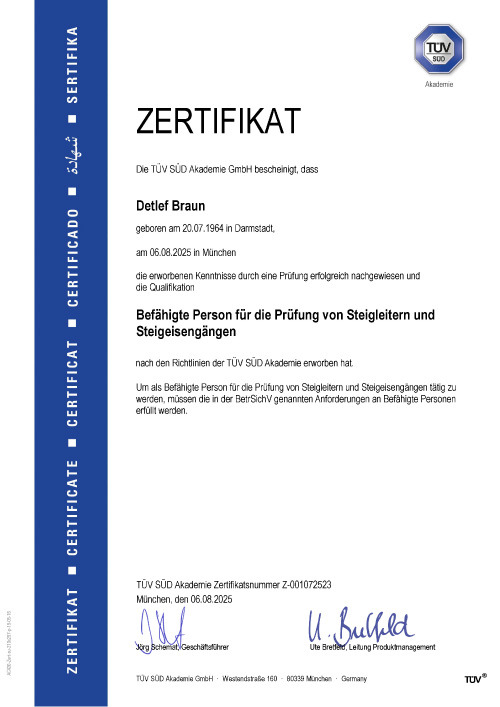 TUEV Zertifikat Steigleitern